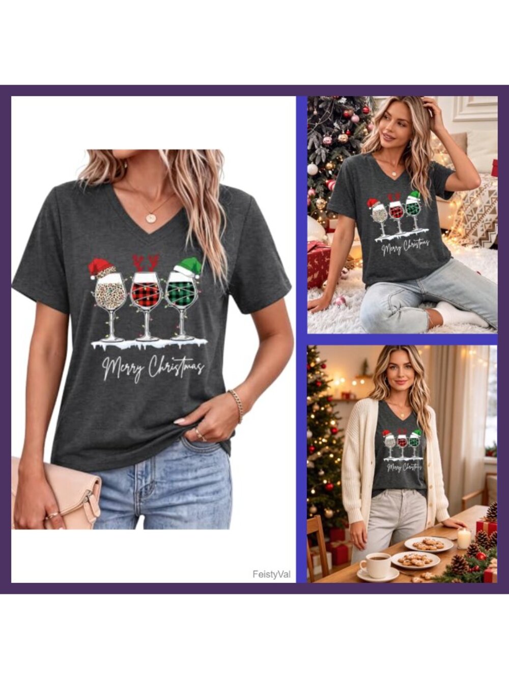 Womens Christmas Tree V-Neck Graphic Tee Merry Christmas Holiday Top